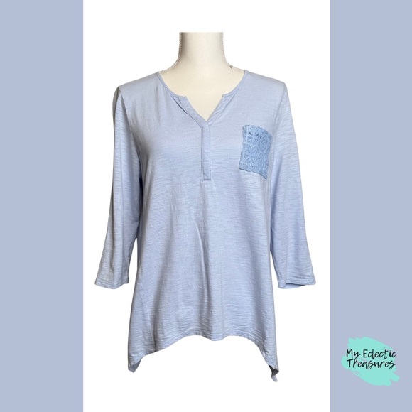 Chico's Relaxed Blue Top with Mandarin Collar Size Medium with Lace Design - Picture 1 of 13